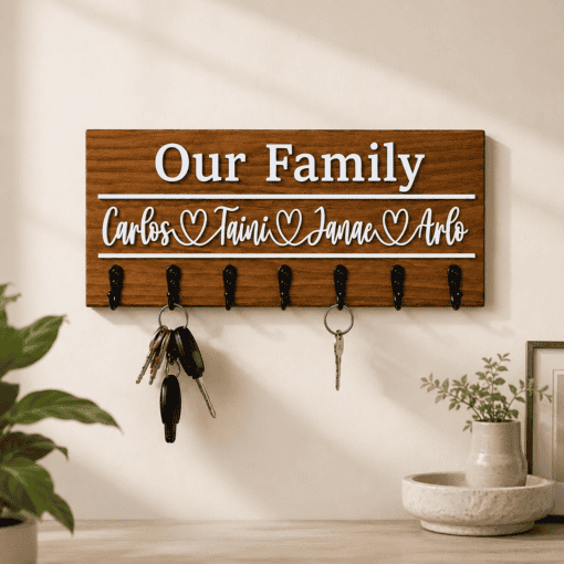 Personalized Family Key Holder | Custom Wooden Wall Key Rack