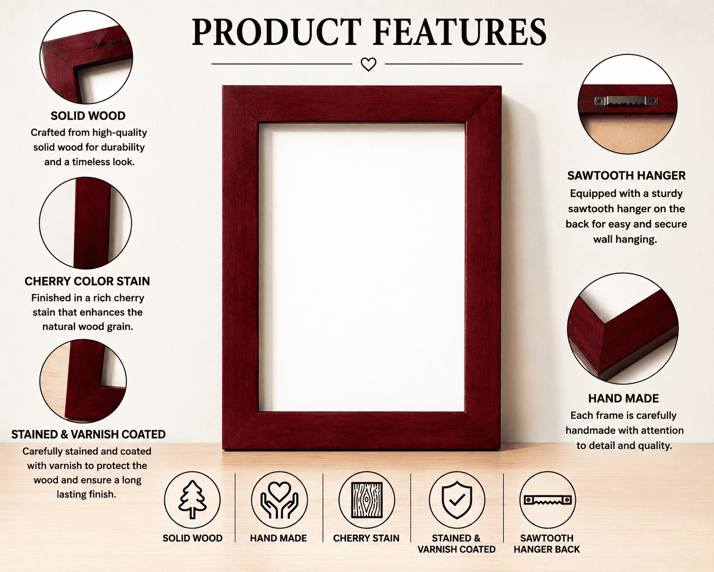 Cherry wood picture frame displayed on a wall in a modern home