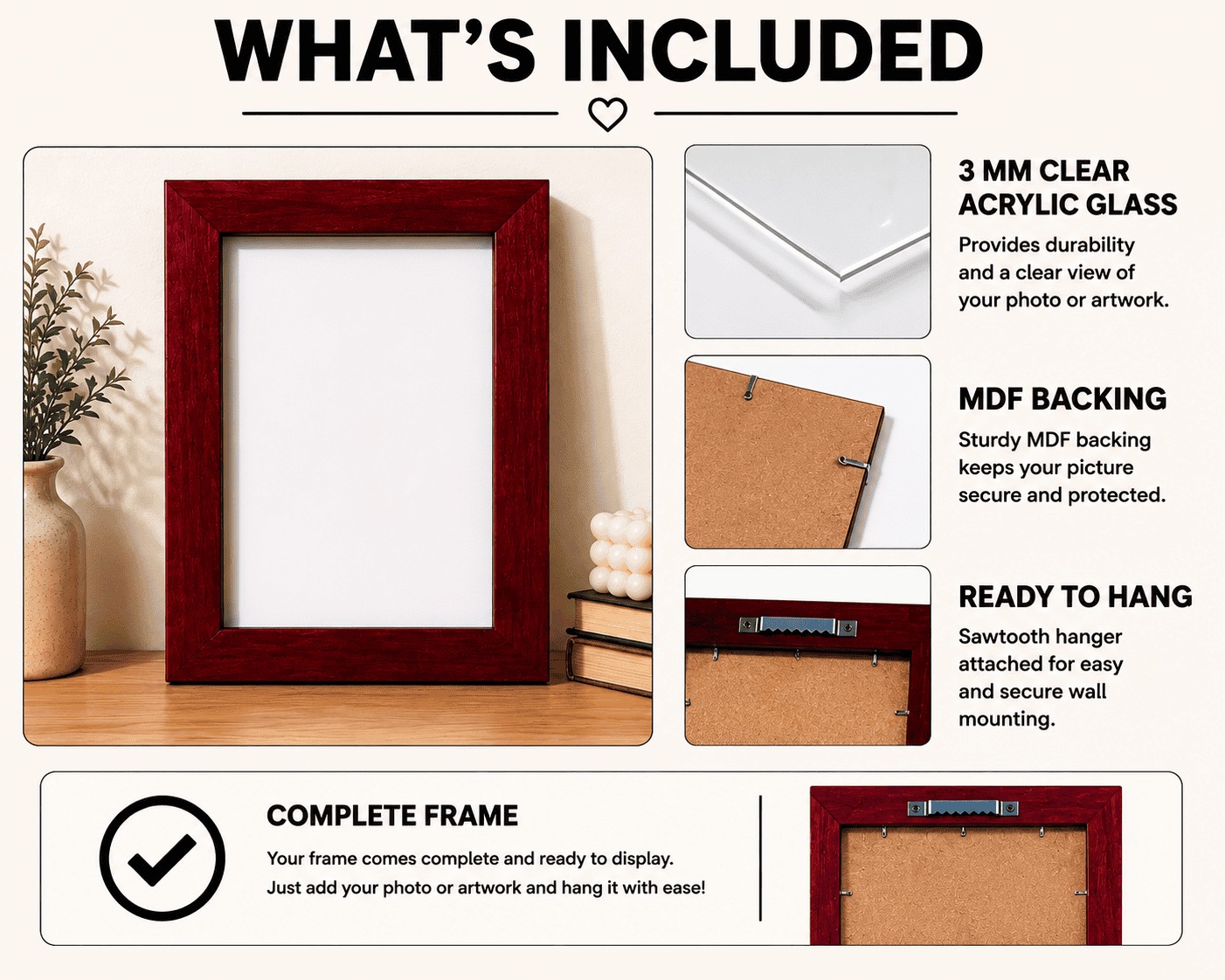 Solid wood cherry frame holding a 5x7 photo print