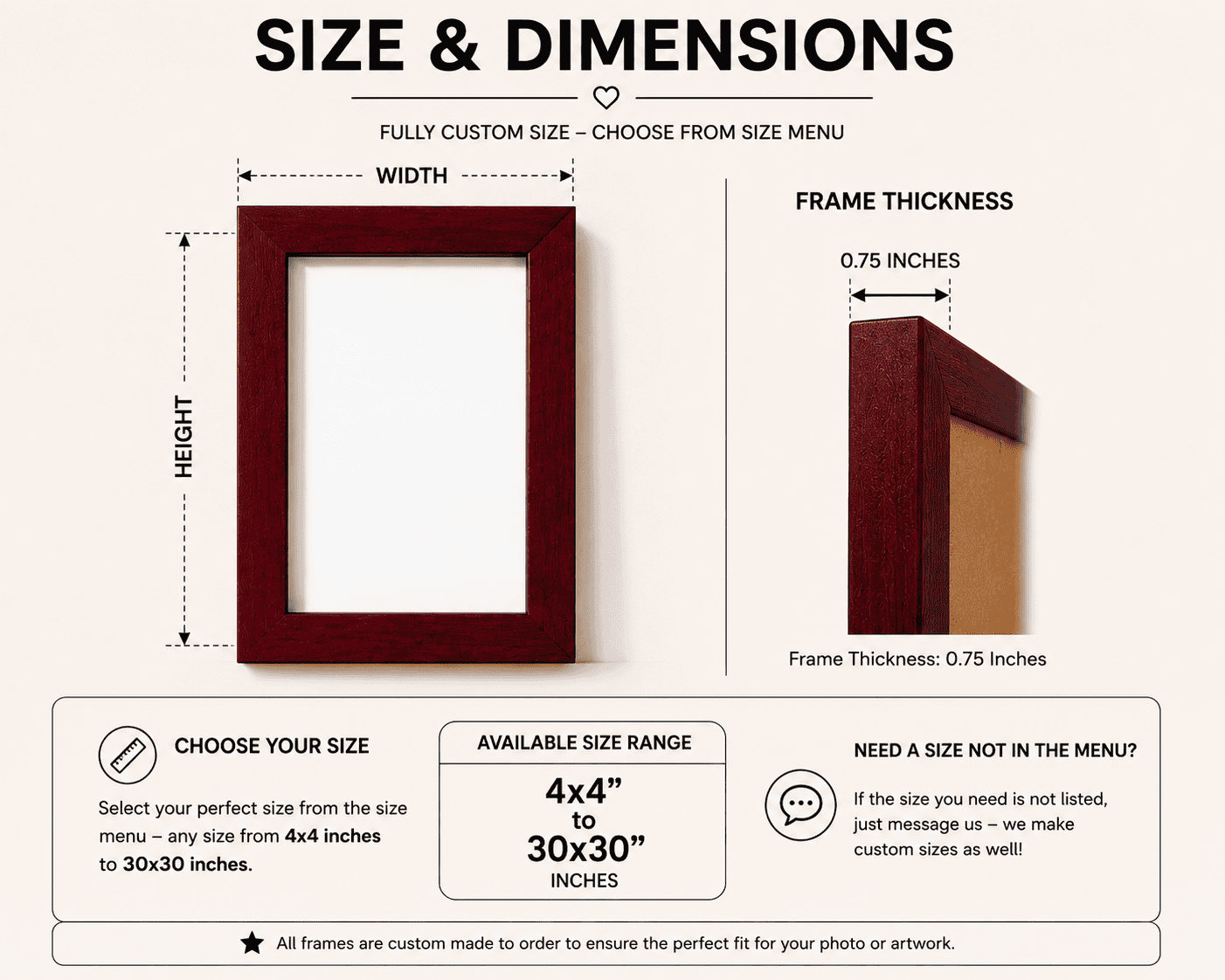 Cherry wood picture frame shown in both portrait and landscape orientation