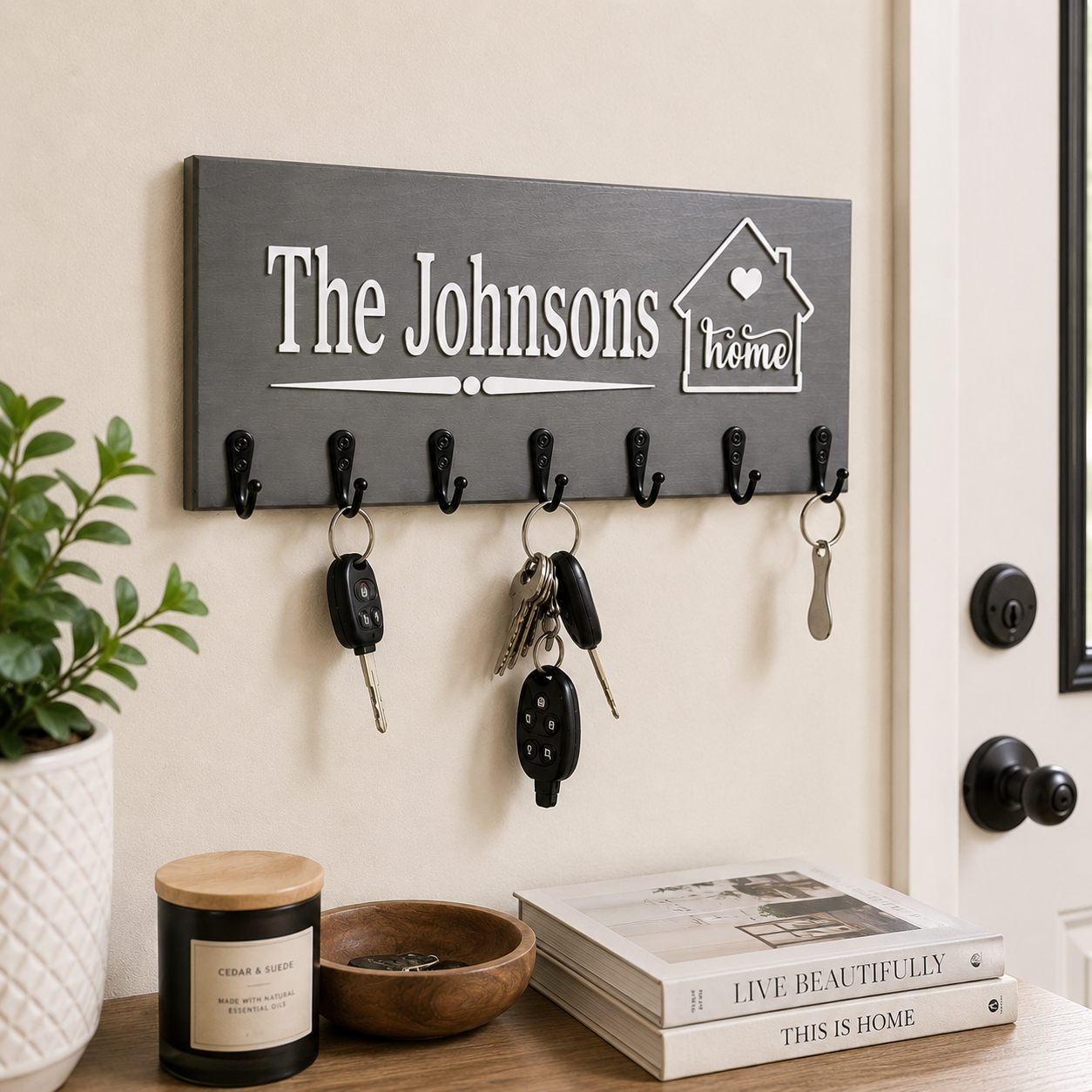 Personalized Wall Key Holder with 3D Laser Cut Name — Solid Wood Key Holder for Wall