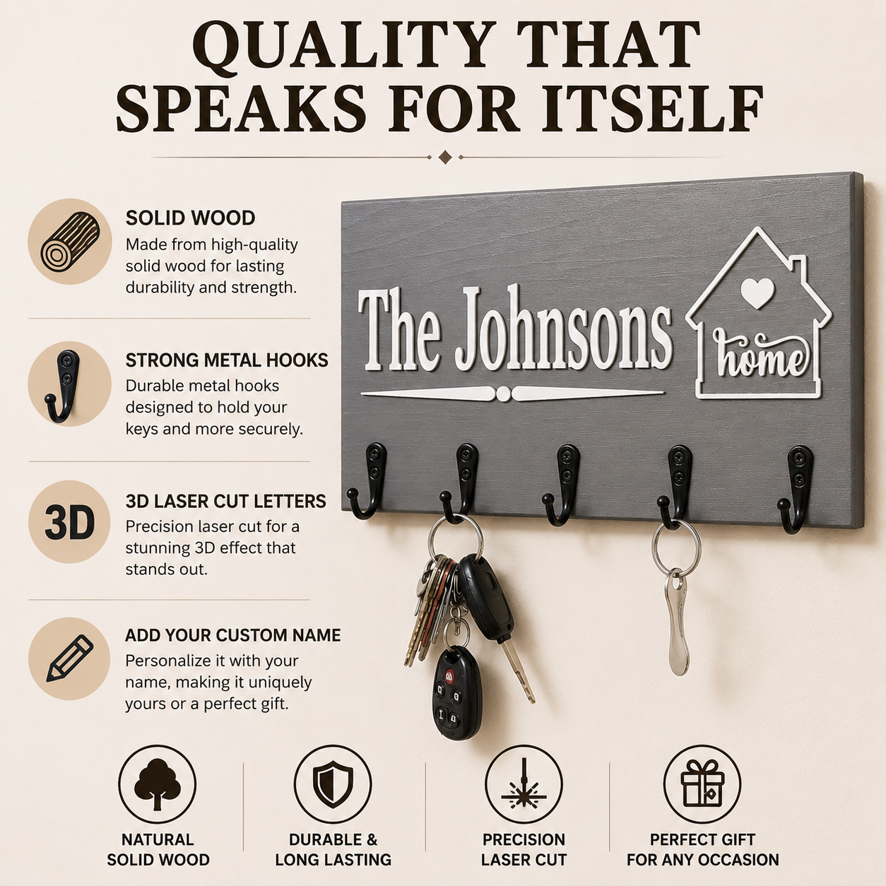Personalized Wall Key Holder with 3D Laser Cut Name — Solid Wood Key Holder for Wall - Image 4