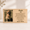 Handmade wooden pet memorial picture frame displayed on a shelf