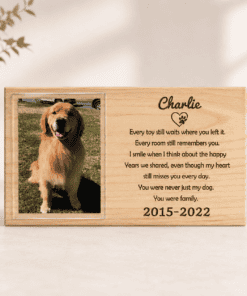 Handmade wooden pet memorial picture frame displayed on a shelf